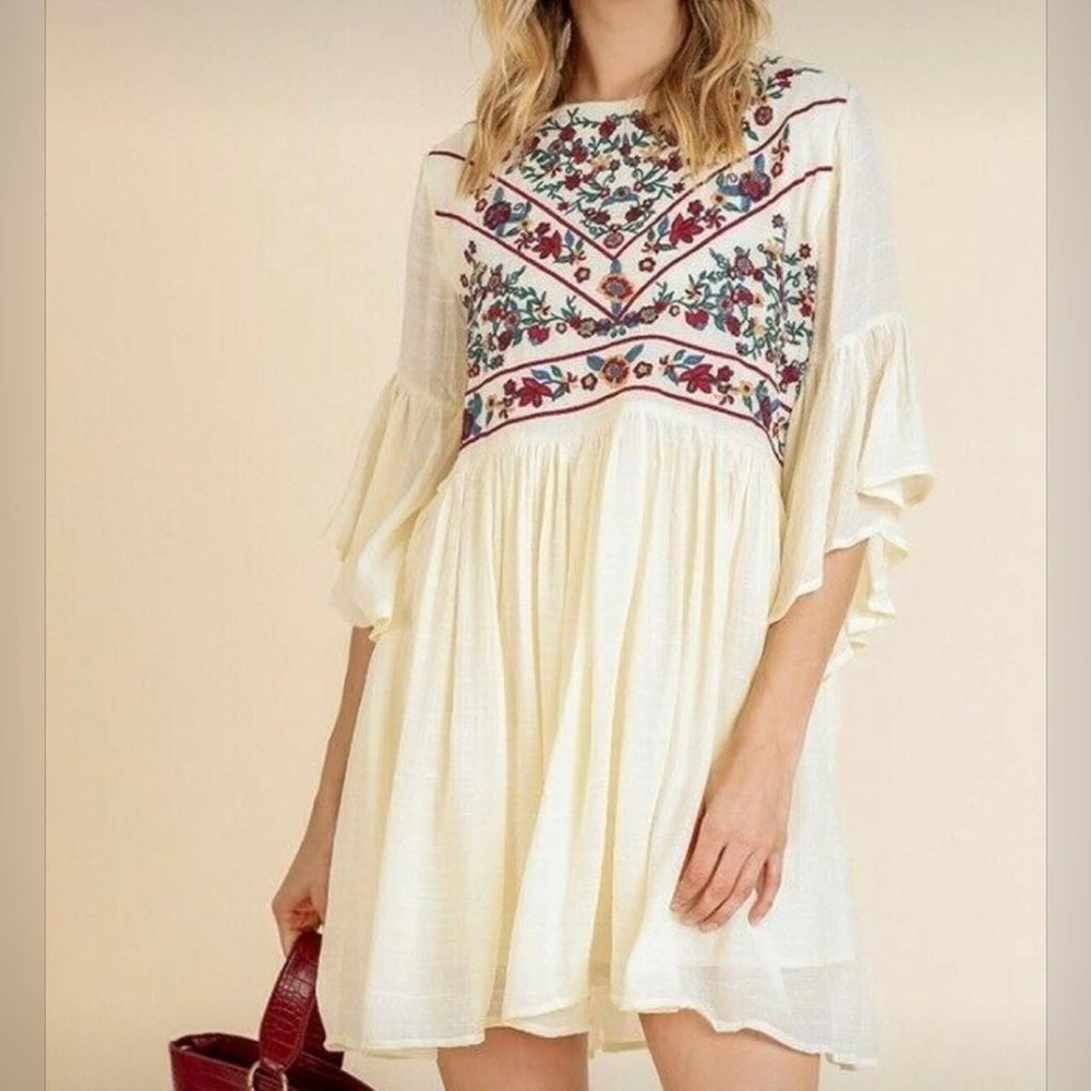 Umgee White/Cream Drape Boho Floral Mini Swing Dress sz L